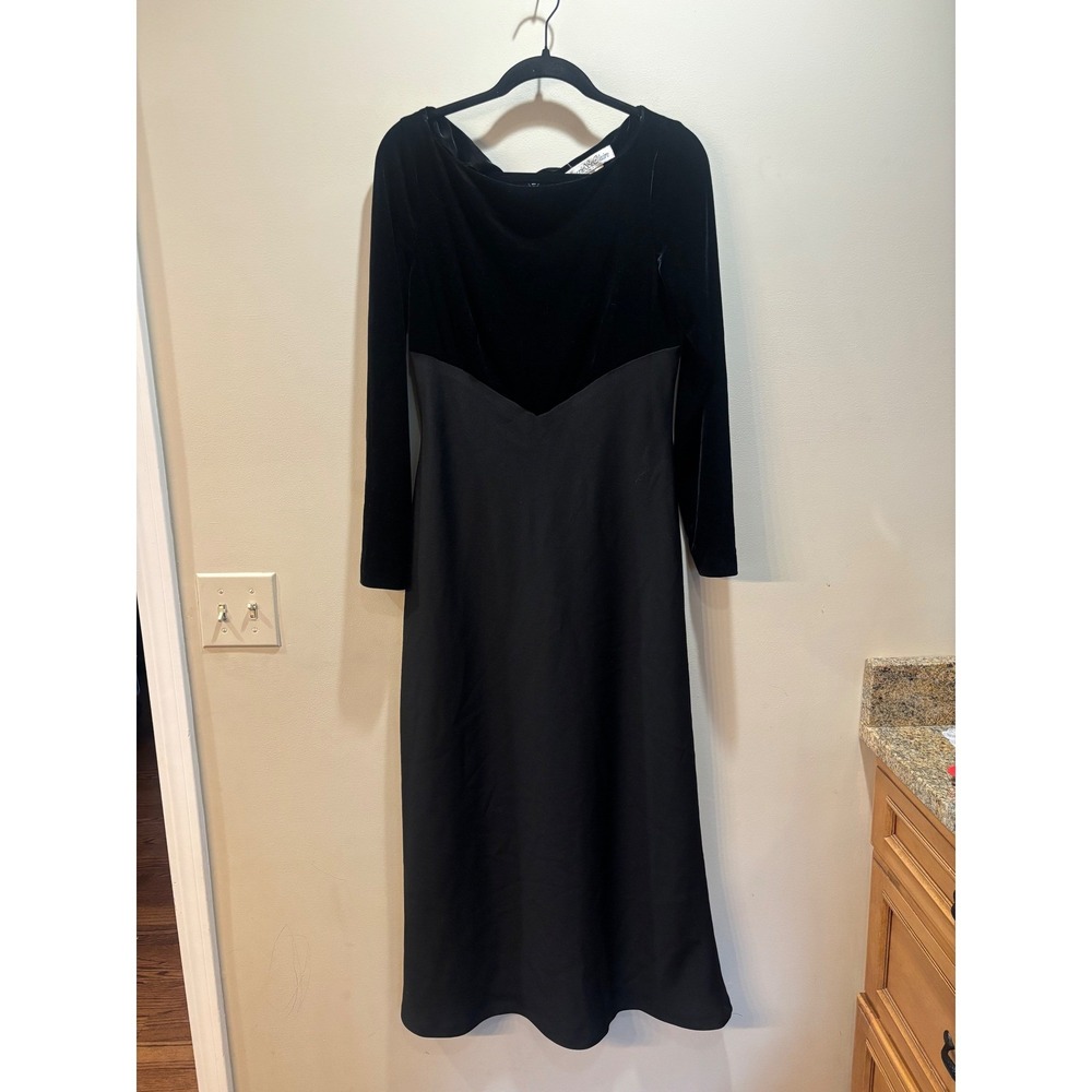 Vintage Marie St. Claire Black Velvet & Satin Long Sleeve‎ Midi Dress Size 10